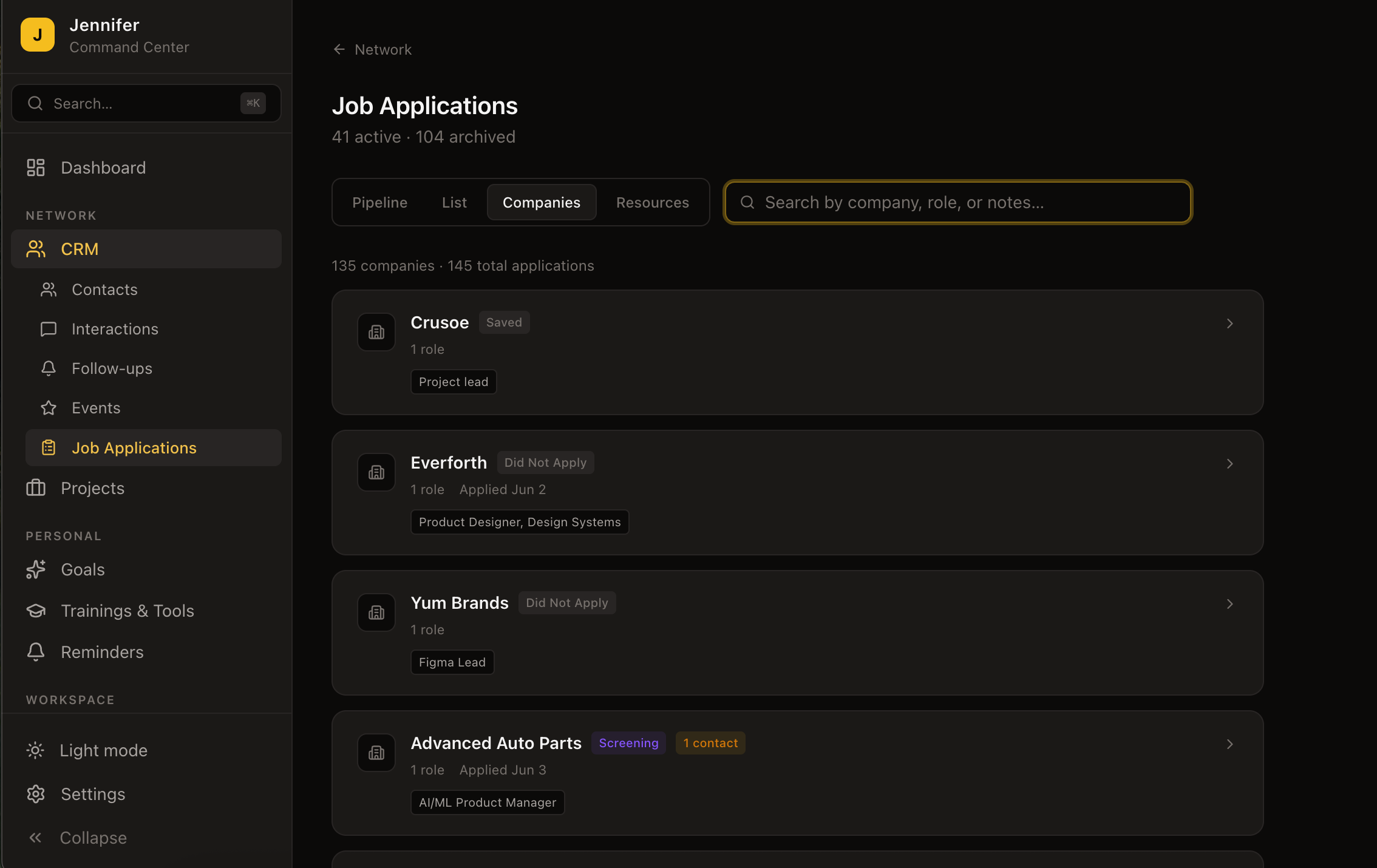 Job Applications — 135 companies tracked